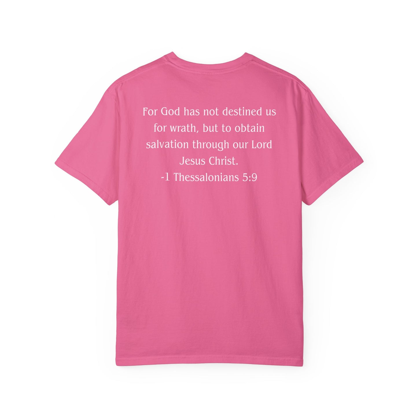1 Thessalonians 5:9 White text T-shirt