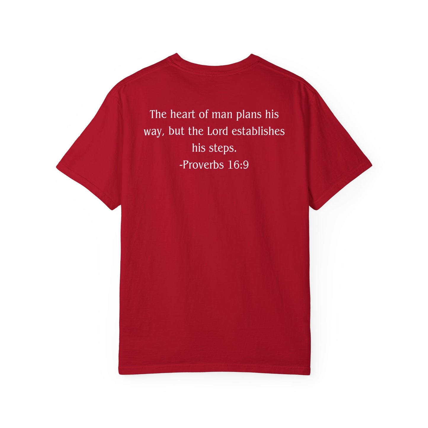 Proverbs 16:9 White text T-shirt