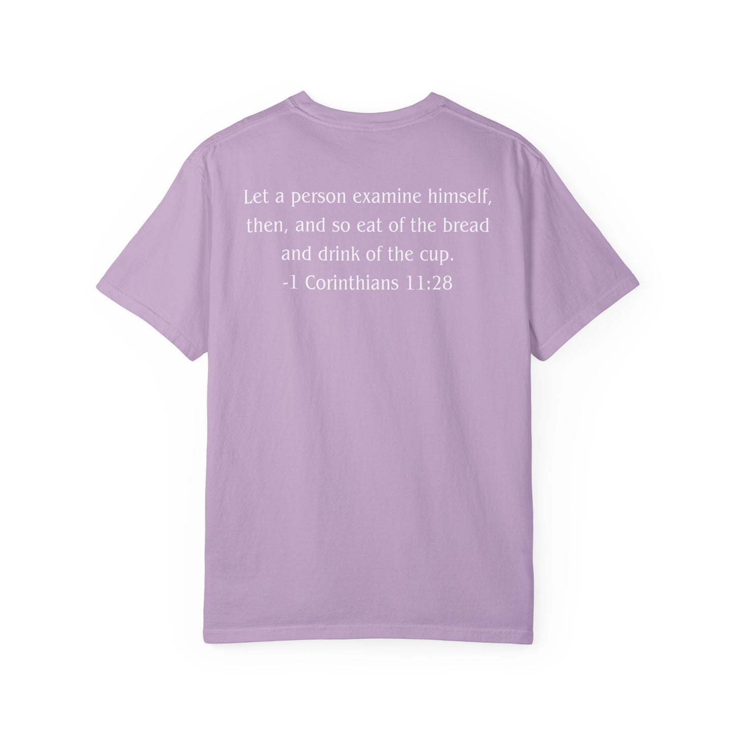 1 Corinthians 11:28 White text T-shirt