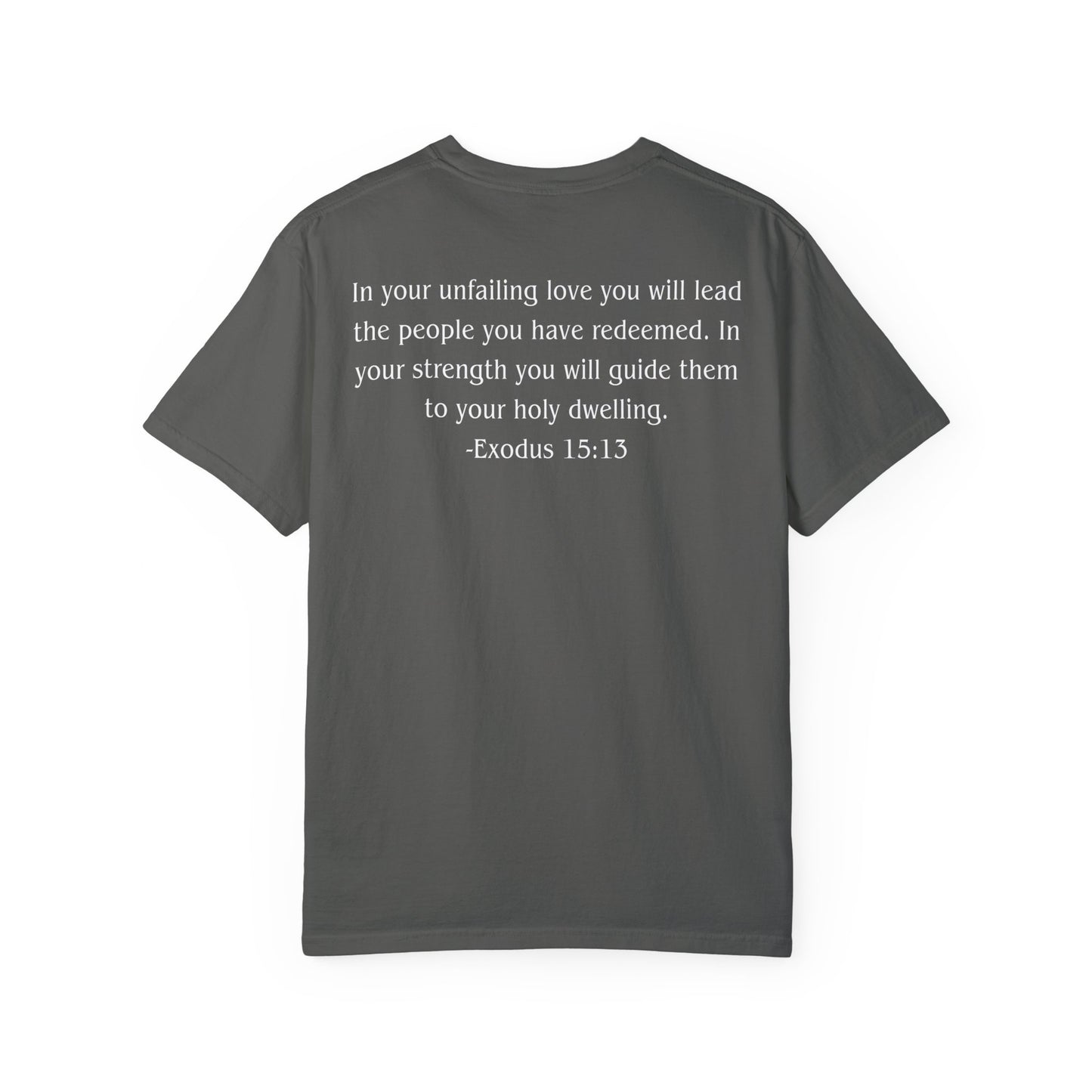 Exodus 15:13 White text T-shirt