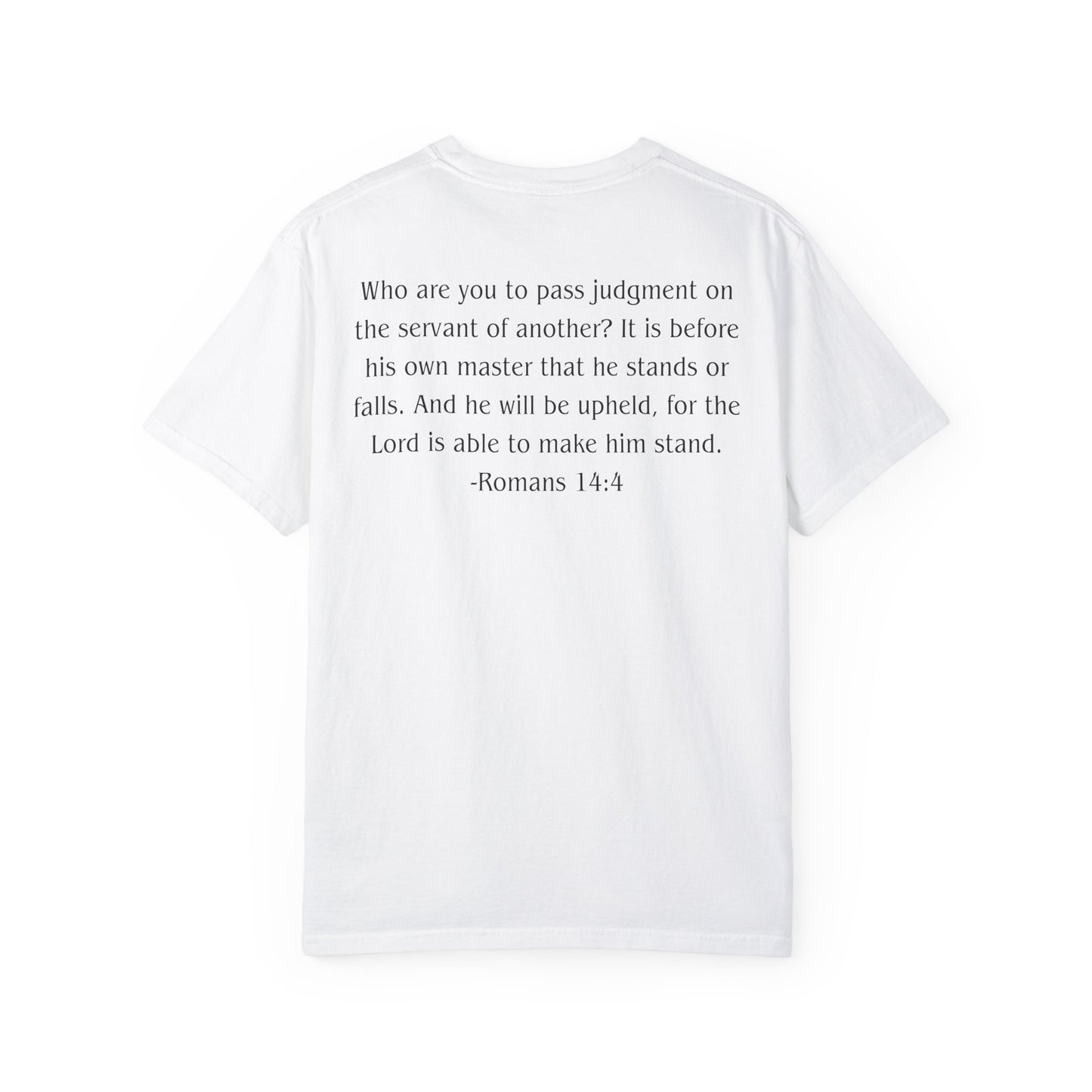 Romans 14:4 Black text T-shirt