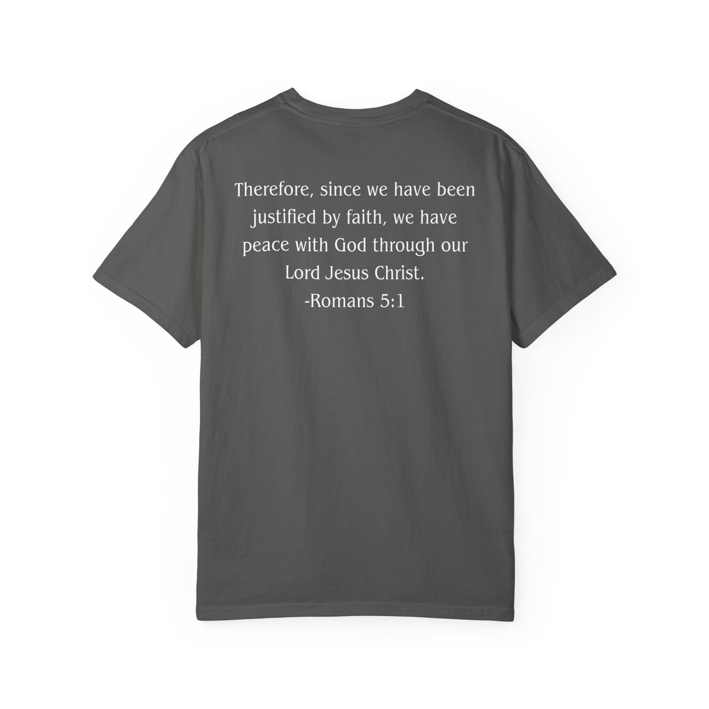 Romans 5:1 White text T-shirt
