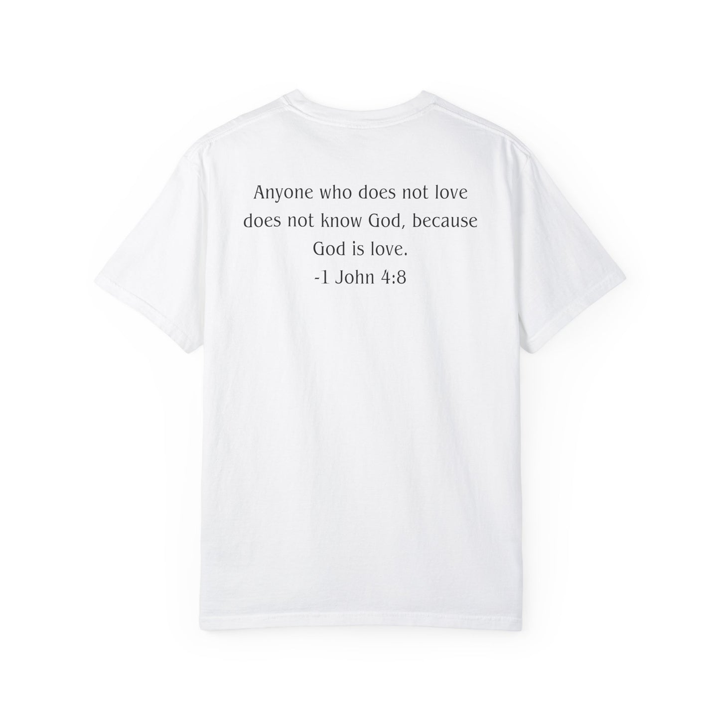 1 John 4:8 Black text T-shirt