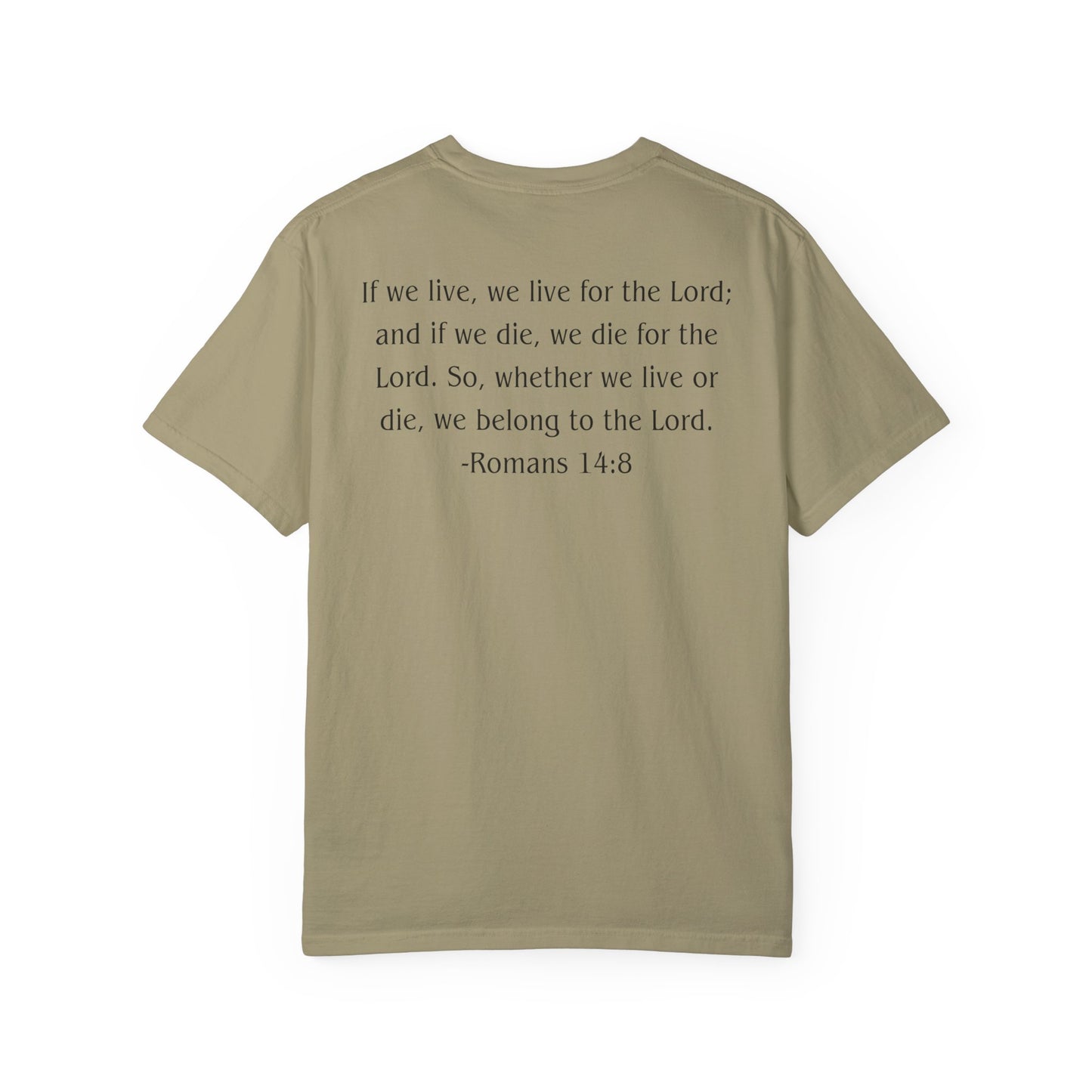 Romans 14:8 Black text T-shirt