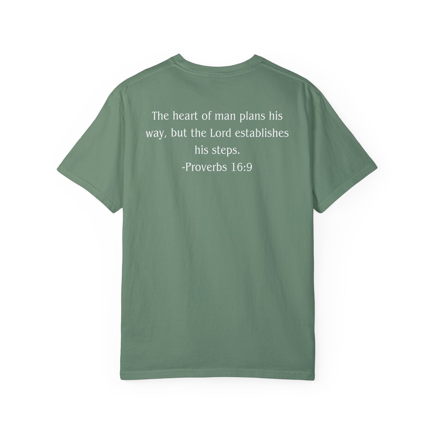 Proverbs 16:9 White text T-shirt