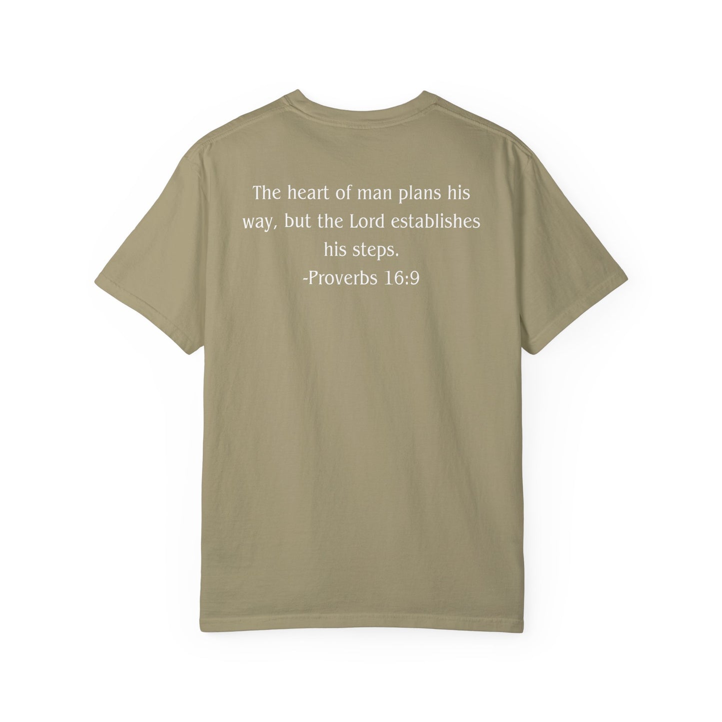 Proverbs 16:9 White text T-shirt