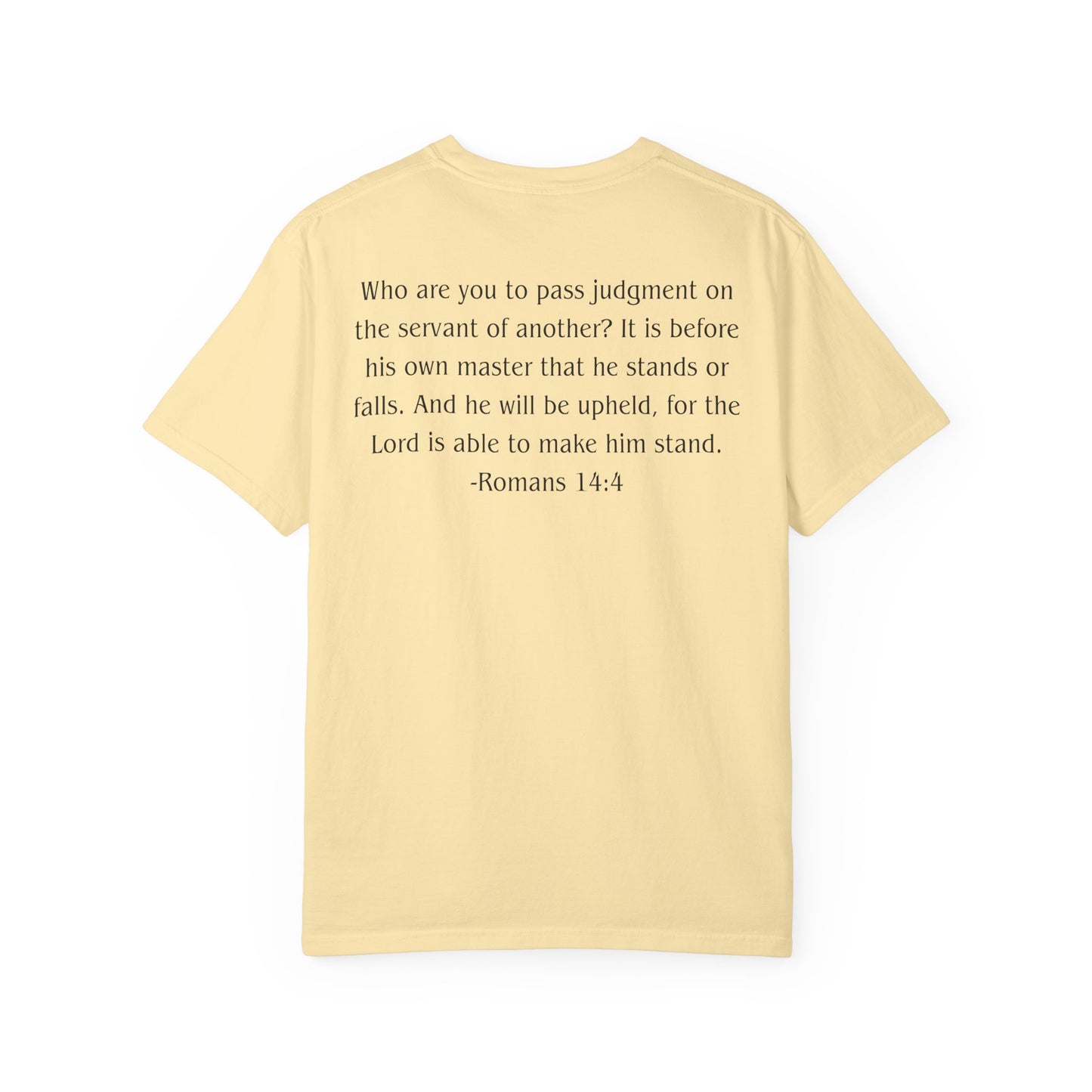 Romans 14:4 Black text T-shirt