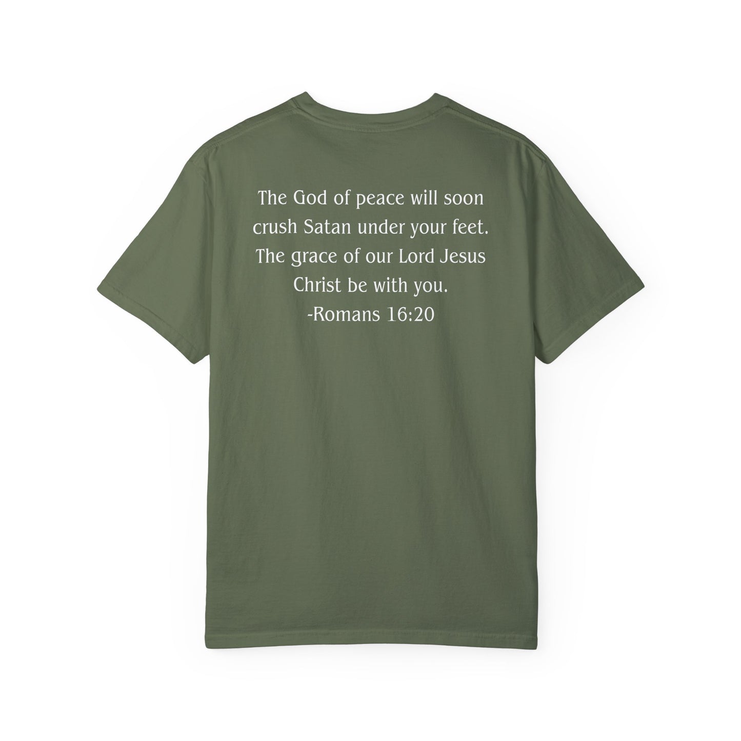 Romans 16:20 White text T-shirt