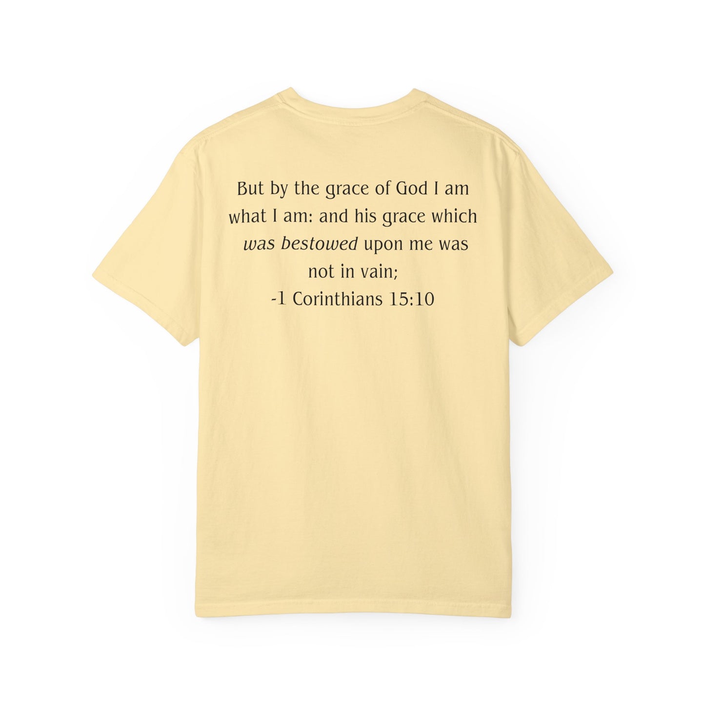 1 Corinthians 15:10 Black text T-shirt