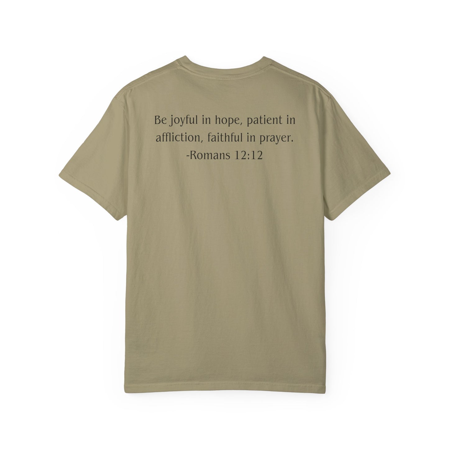 Romans 12:12 Black text T-shirt