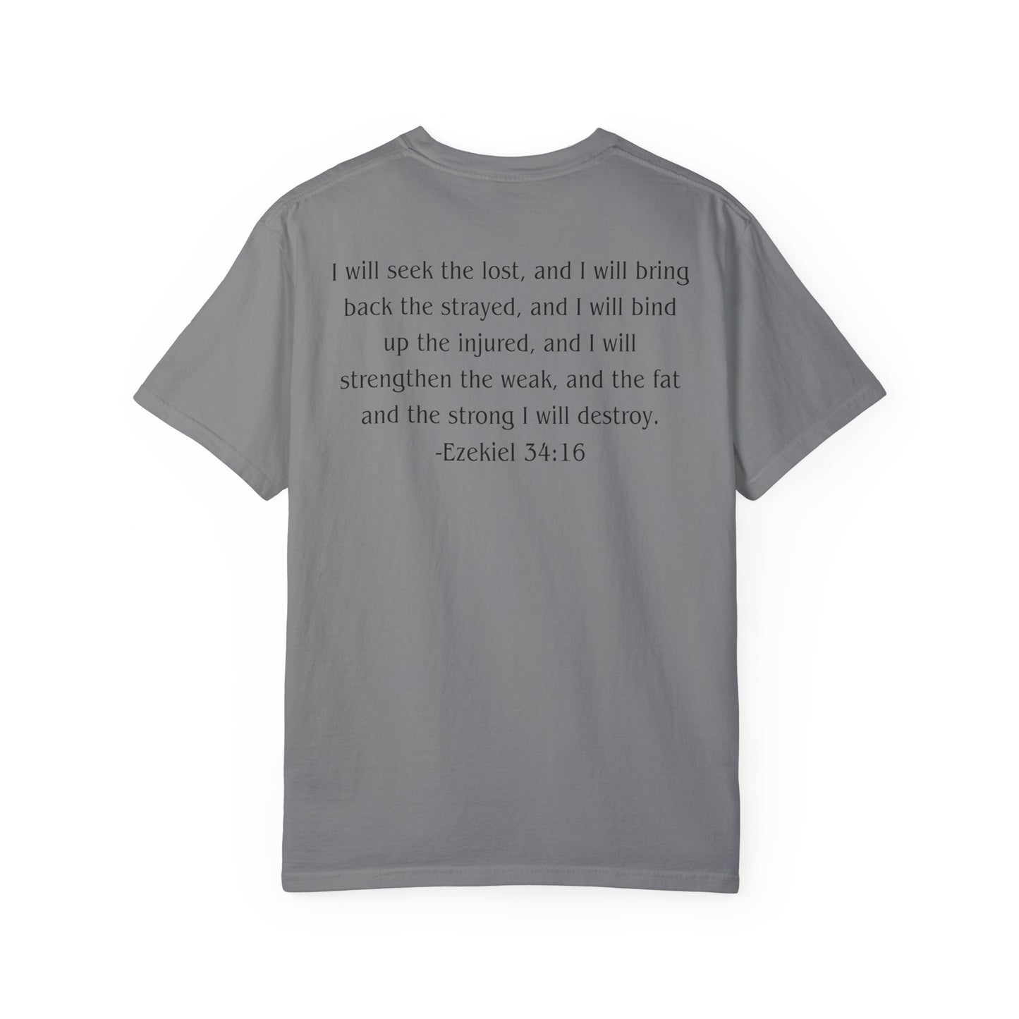 Ezekiel 34:16 Black text T-shirt