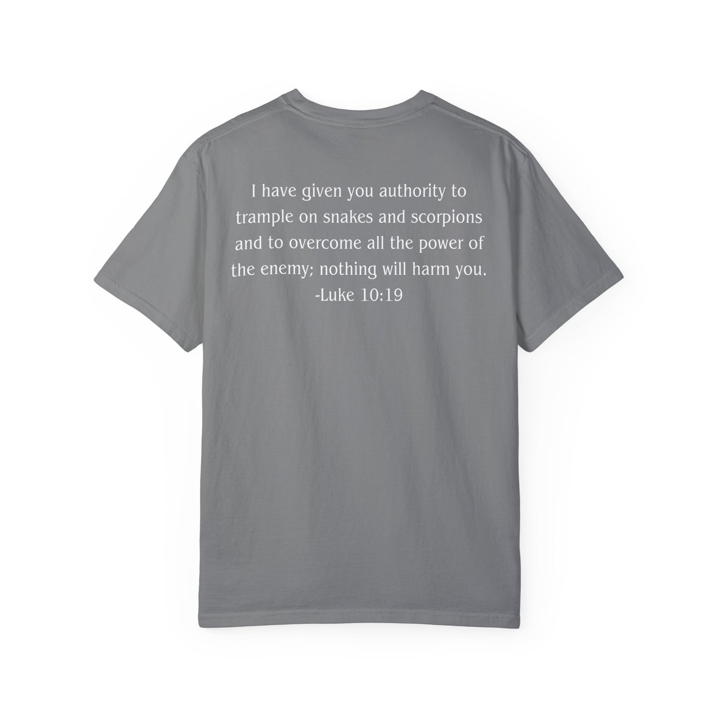 Luke 10:19 White text T-shirt