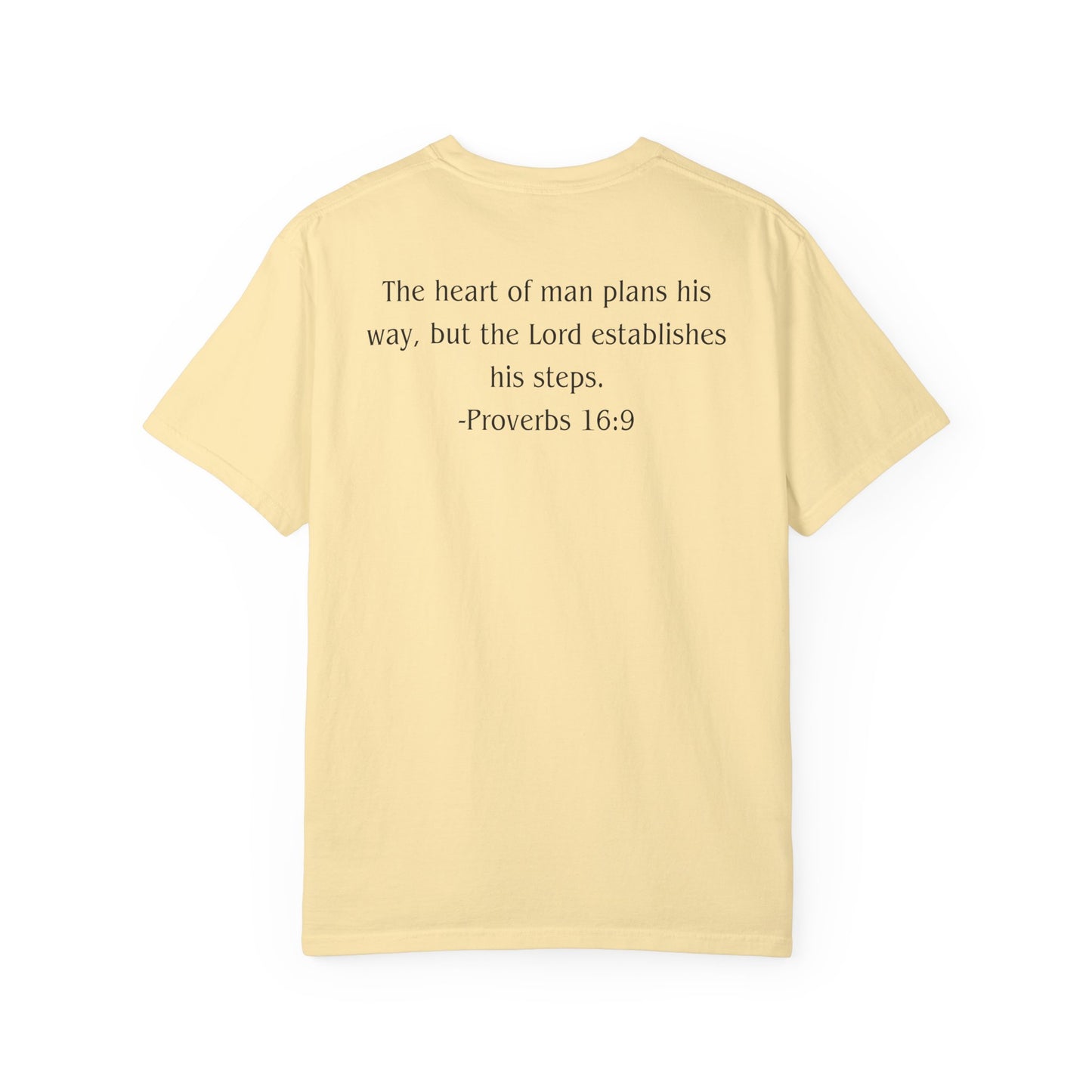 Proverbs 16:9 Black text T-shirt