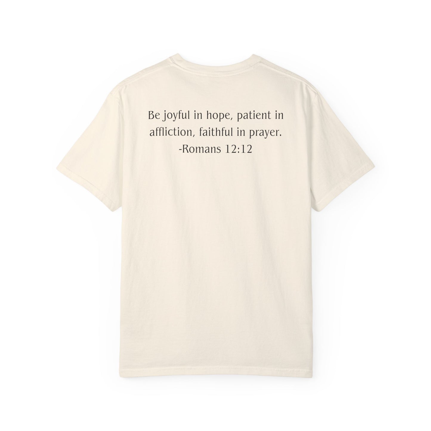 Romans 12:12 Black text T-shirt