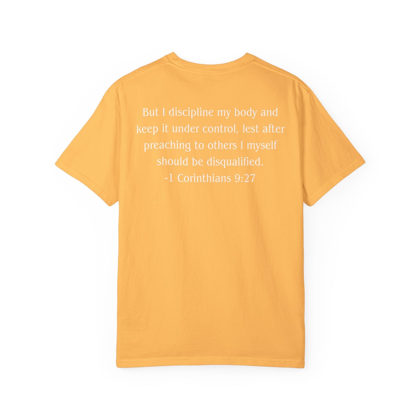 1 Corinthians 9:27 White text T-shirt