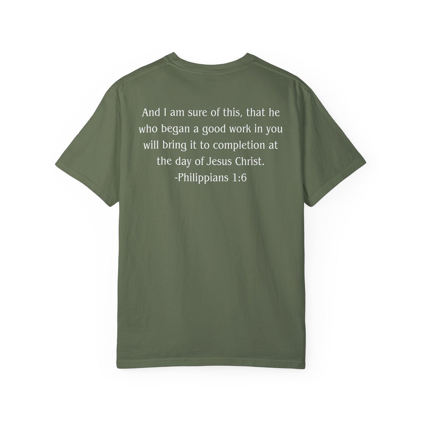 Philippians 1:6 White text T-shirt