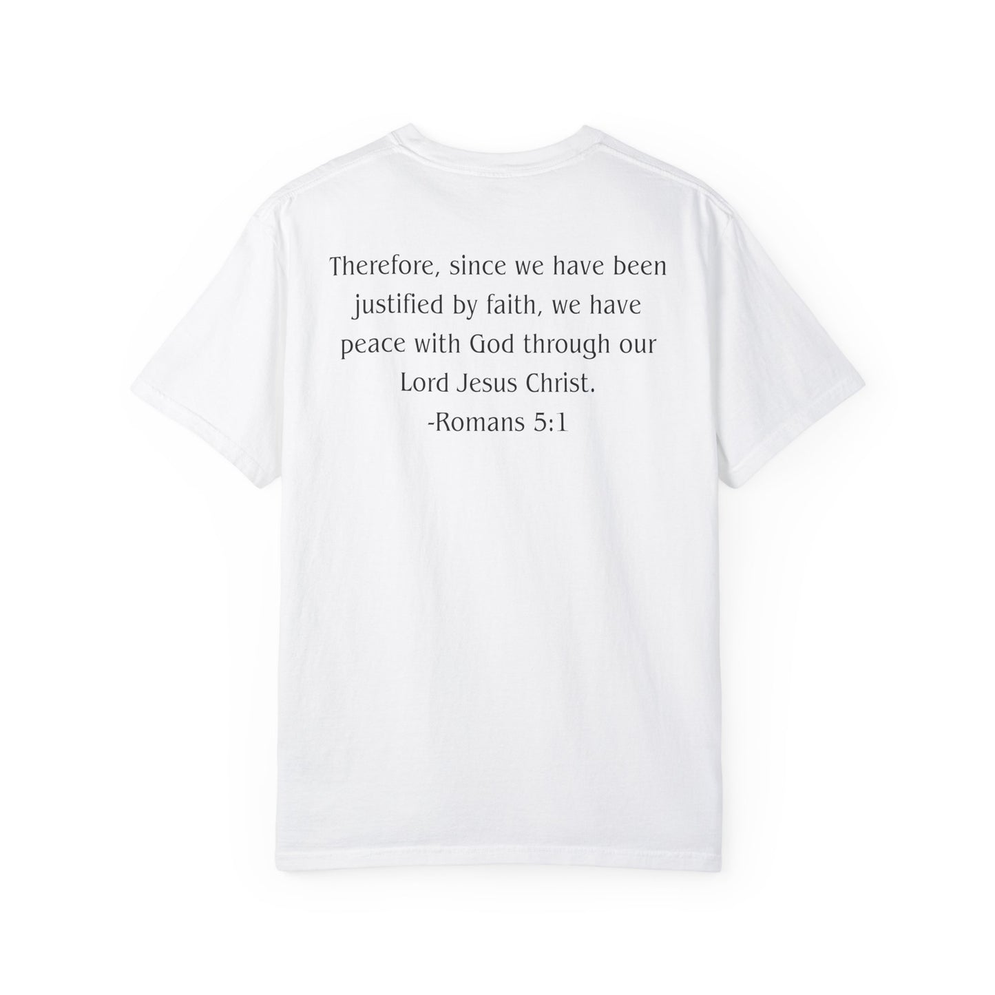 Romans 5:1 Black text T-shirt