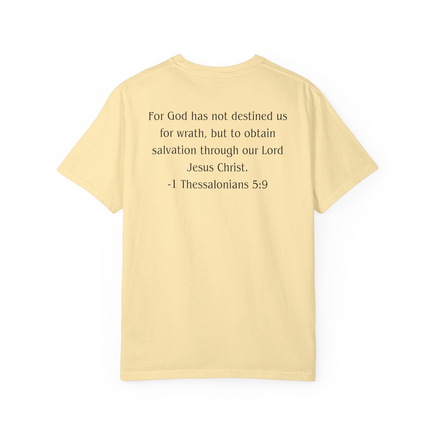 1 Thessalonians 5:9 Black text T-shirt