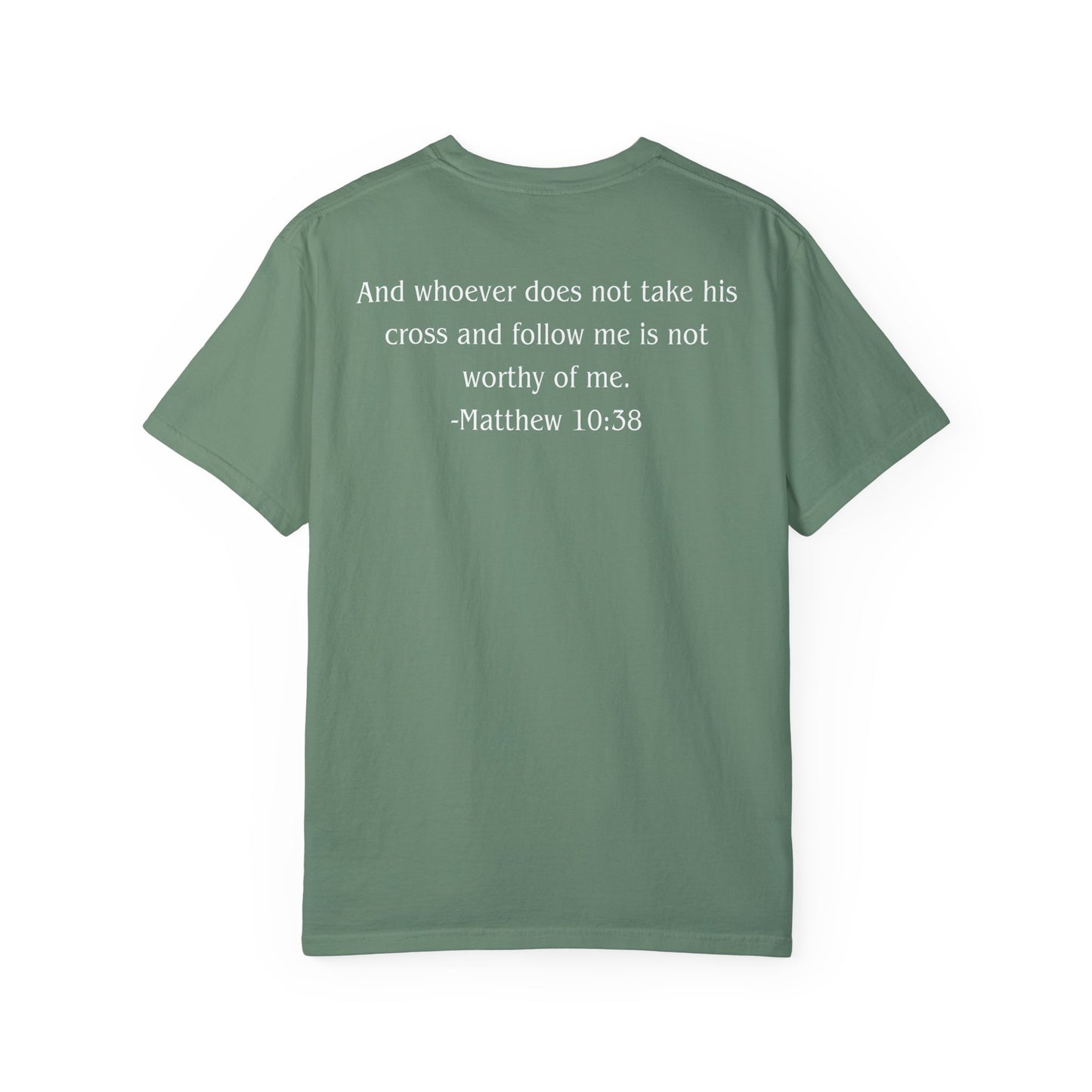 Matthew 10:38 White text T-shirt