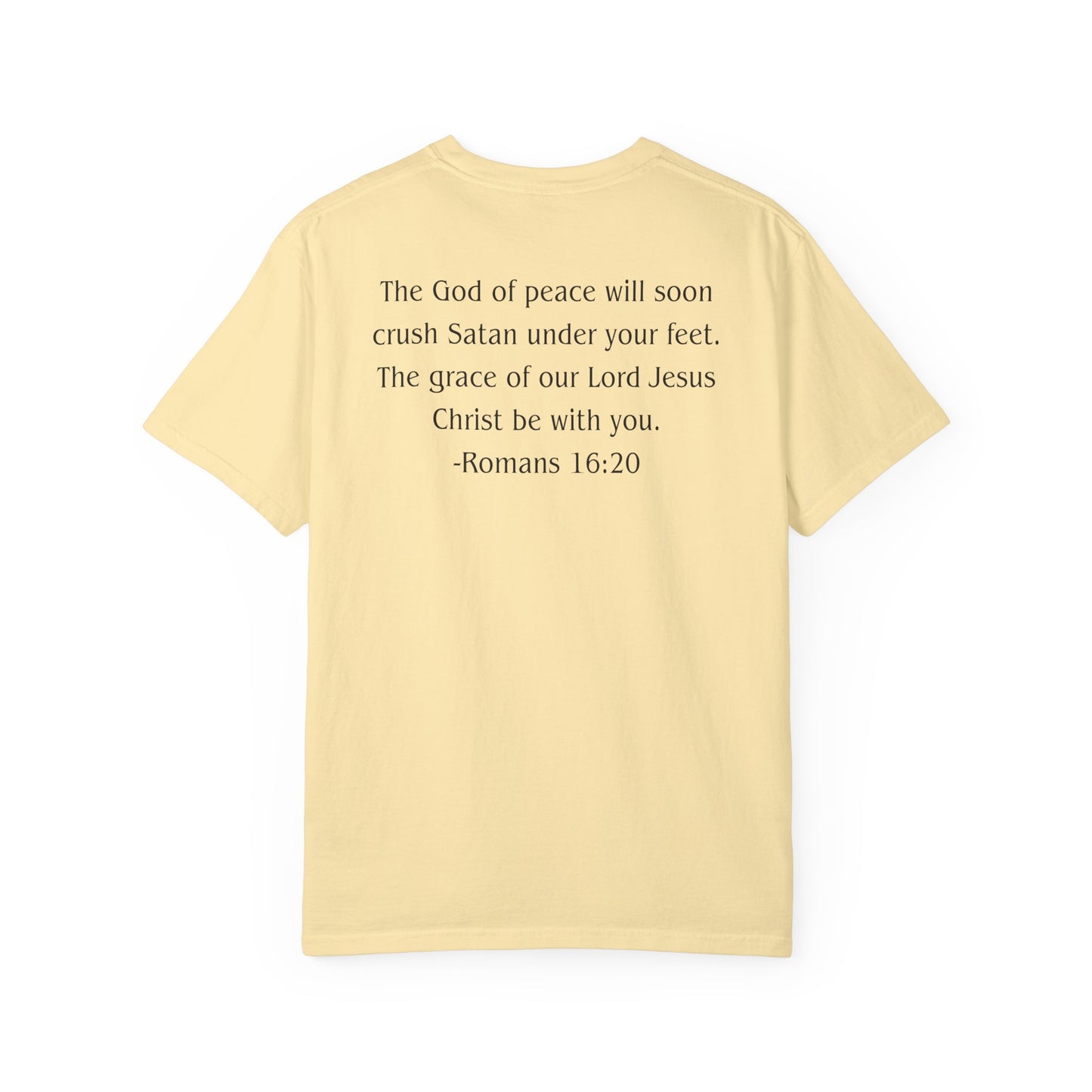 Romans 16:20 Black text T-shirt