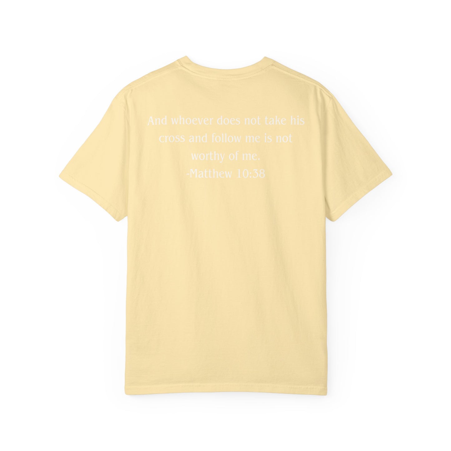 Matthew 10:38 White text T-shirt